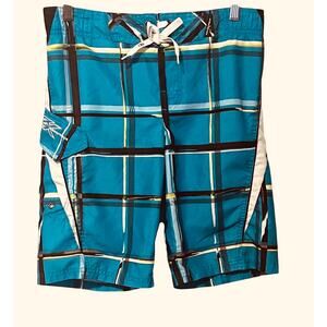 ZEROXPOSUR HI-RISE OUTER DRAWCORD SWIM TRUNKS, YOUTH, M 10/12, BLUE-YELLOW WHITE